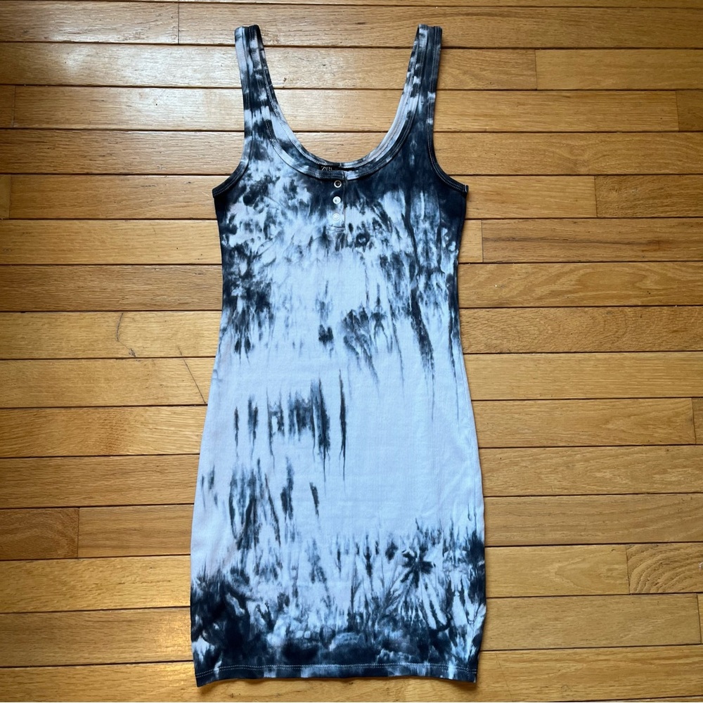 Zara Grey and White Tie Dye Cotton Henley Tank Dress